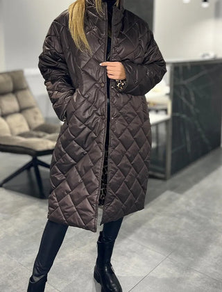 Reversible quilted coat, dark brown, long line with button front and diamond stitching