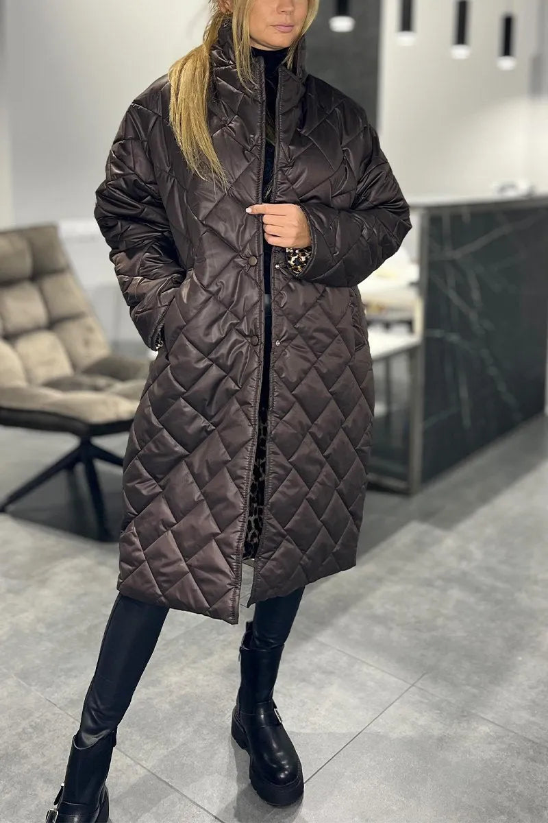Reversible quilted coat, dark brown, long line with button front and diamond stitching