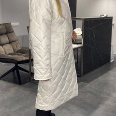 Reversible quilted coat, white, long line with diamond stitched texture and button front