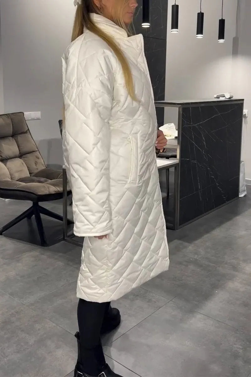 Reversible quilted coat, white, long line with diamond stitched texture and button front