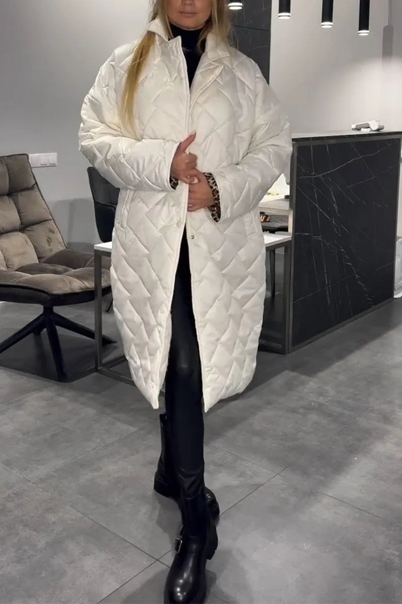 Reversible quilted coat, white, long line with button front and diamond stitching