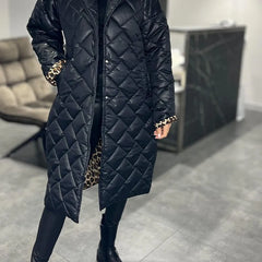 Reversible quilted coat, black, long line with button front and diamond stitching