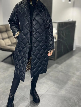 Reversible quilted coat, black, long line with button front and diamond stitching