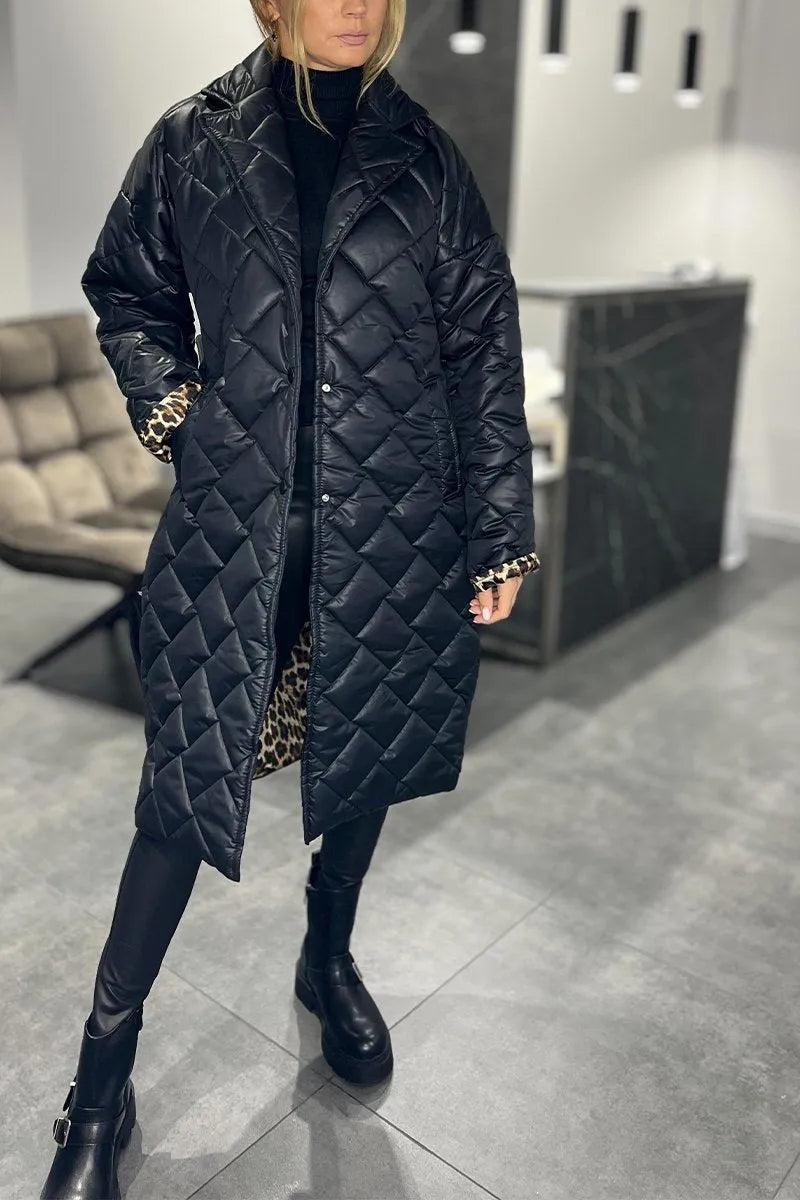 Reversible quilted coat, black, long line with button front and diamond stitching