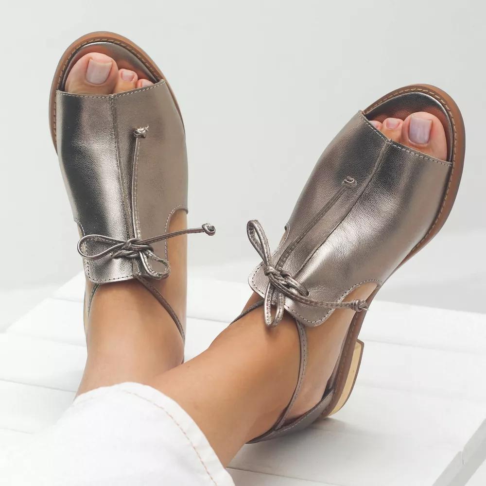 Champagne metallic leather lace-up ankle sandals with open toe, flat sole