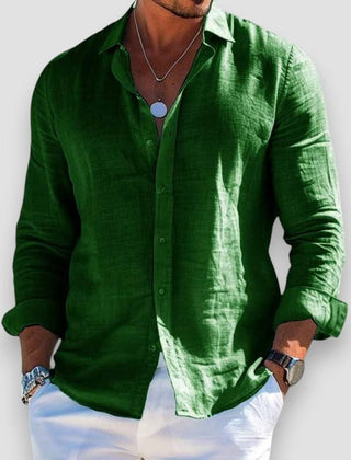 Green linen button-up shirt with long sleeves and classic collar