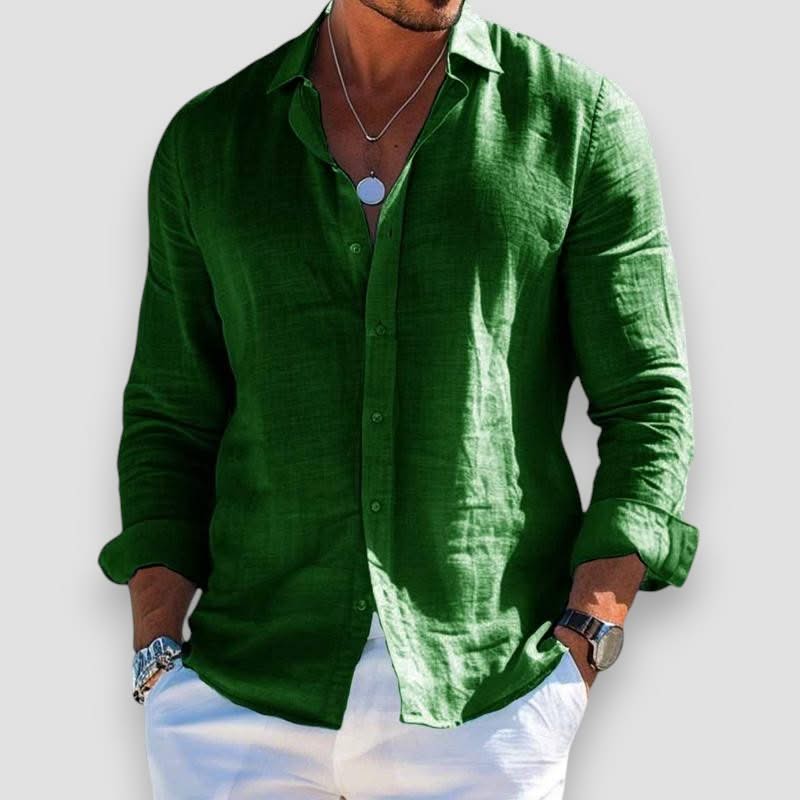 Green linen button-up shirt with long sleeves and classic collar