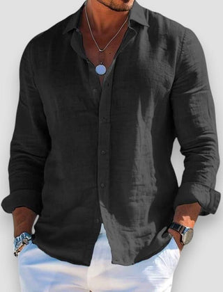 Black linen button-up shirt with long sleeves and classic collar