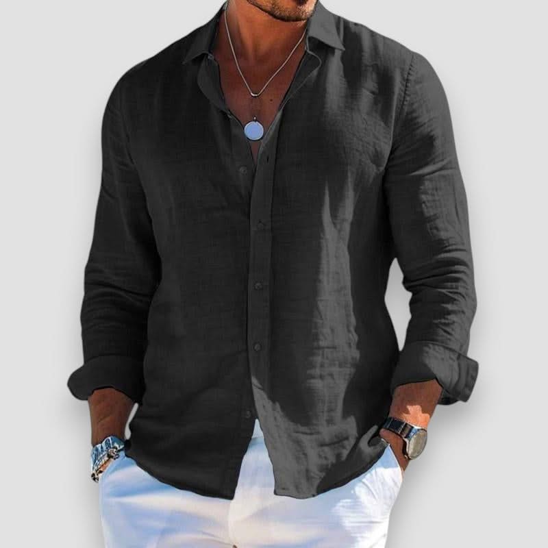 Black linen button-up shirt with long sleeves and classic collar