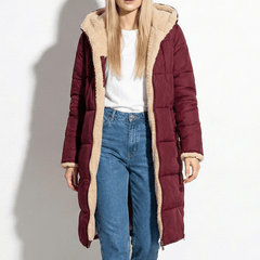 Long winter coat in wine red with sherpa trim, hooded front zip, side pockets