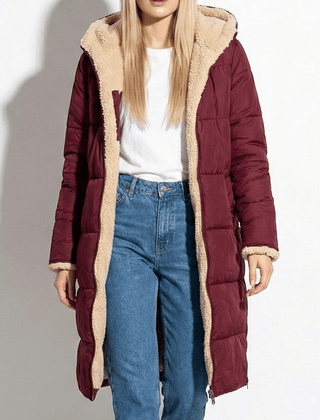 Long winter coat in wine red with sherpa trim, hooded front zip, side pockets