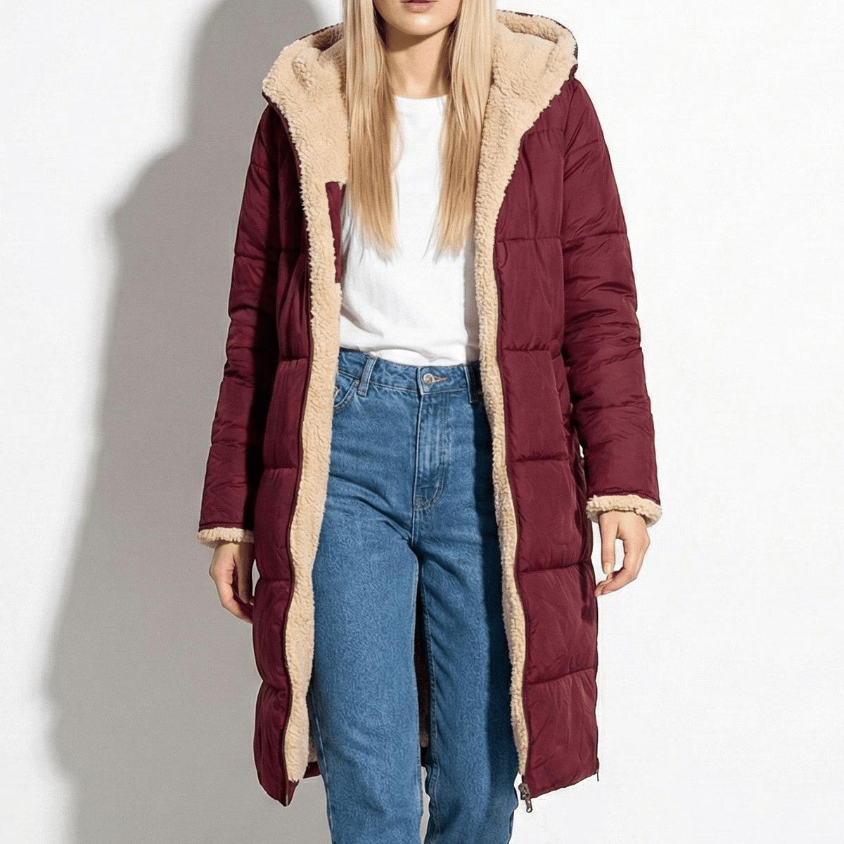 Long winter coat in wine red with sherpa trim, hooded front zip, side pockets