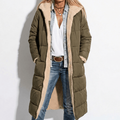 Olive long quilted coat with tan sherpa collar and zip front