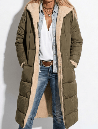 Olive long quilted coat with tan sherpa collar and zip front