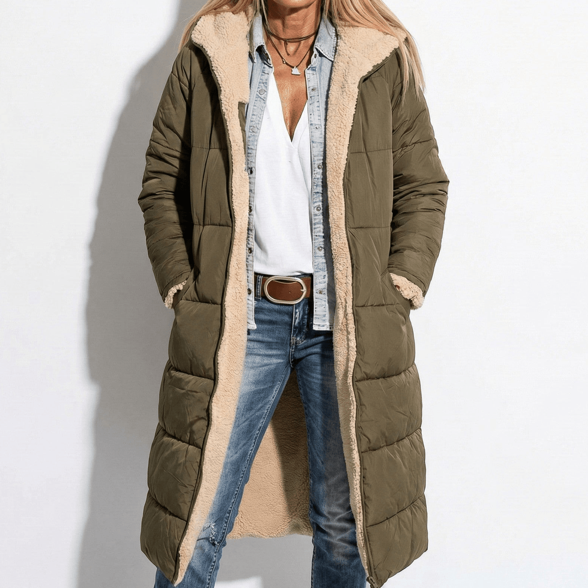 Olive long quilted coat with tan sherpa collar and zip front