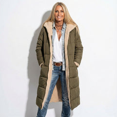 Olive long quilted coat with tan sherpa-lined collar and zip front