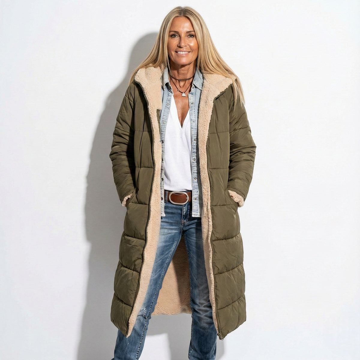 Olive long quilted coat with tan sherpa-lined collar and zip front