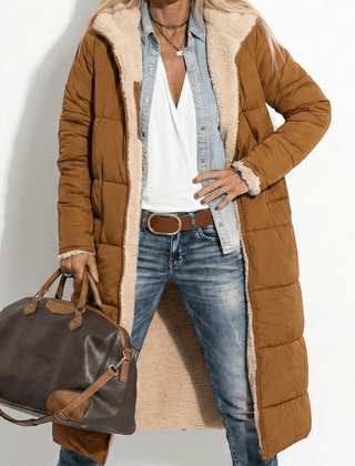 Brown long quilted coat with tan sherpa collar and zip front