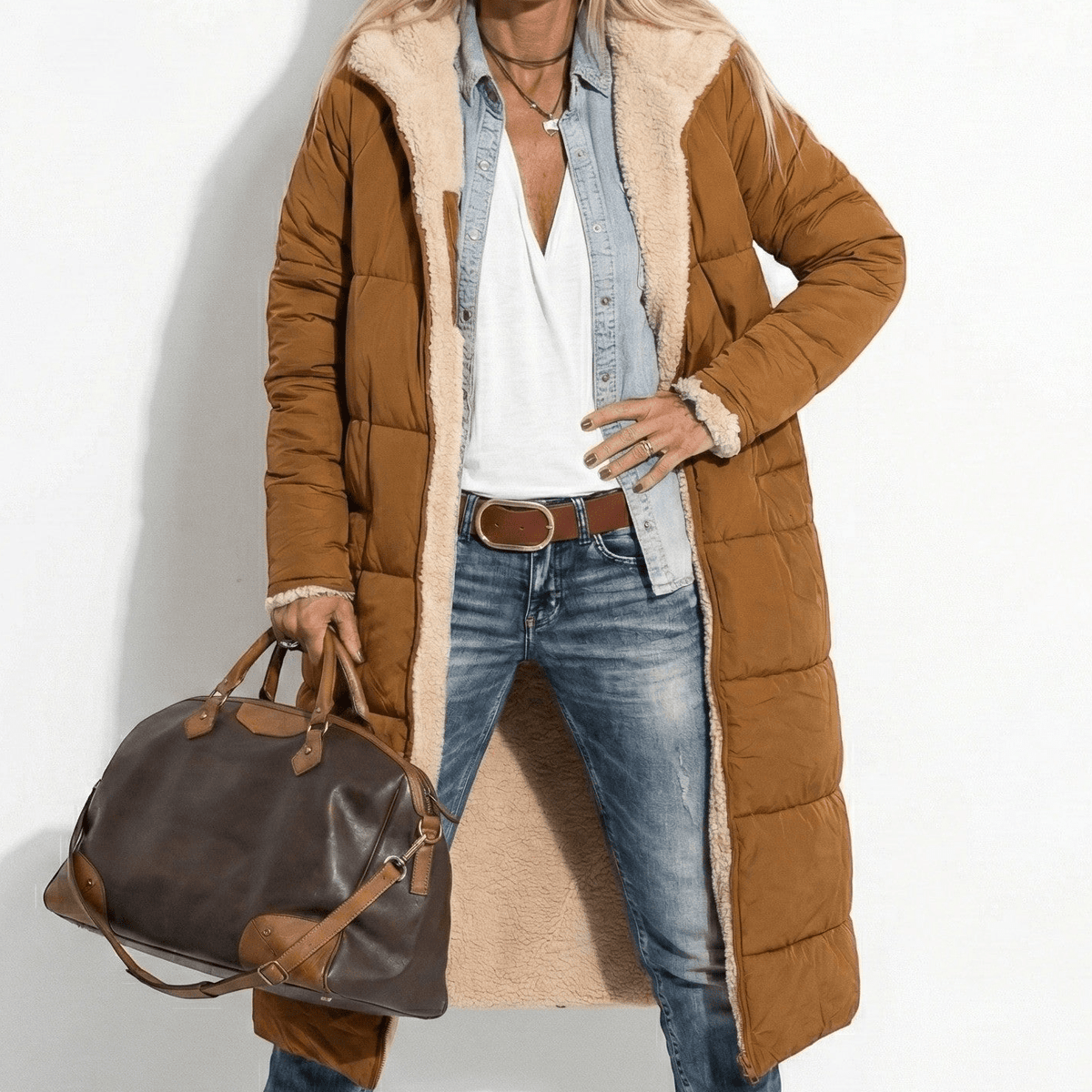Brown long quilted coat with tan sherpa collar and zip front