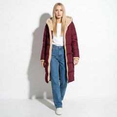 Long winter coat in wine red with sherpa-lined hood and cuffs, quilted zip front