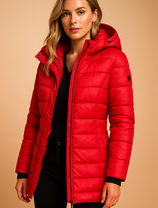Lightweight down jacket, red, zip-front hooded quilted puffer