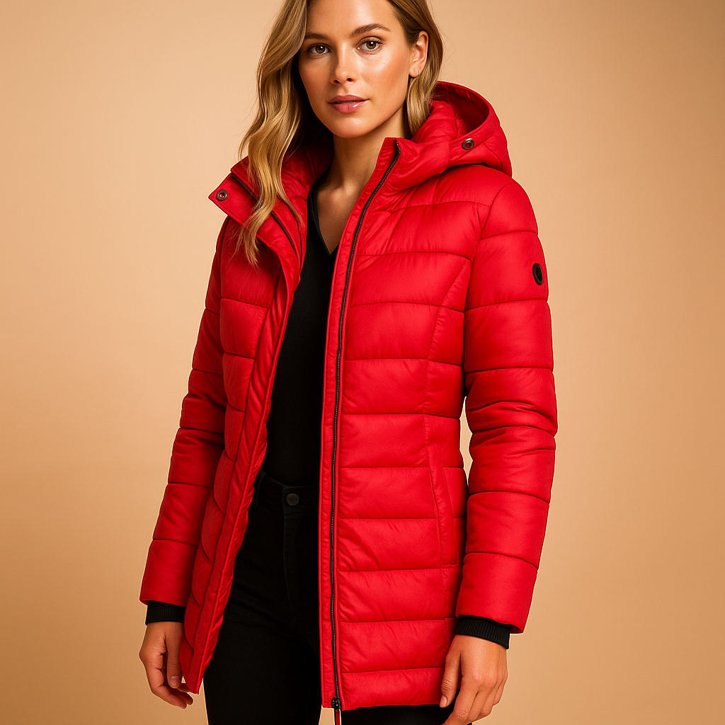 Lightweight down jacket, red, zip-front hooded quilted puffer