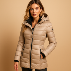 Lightweight down jacket, beige/khaki, zip-front with hood, quilted puffer