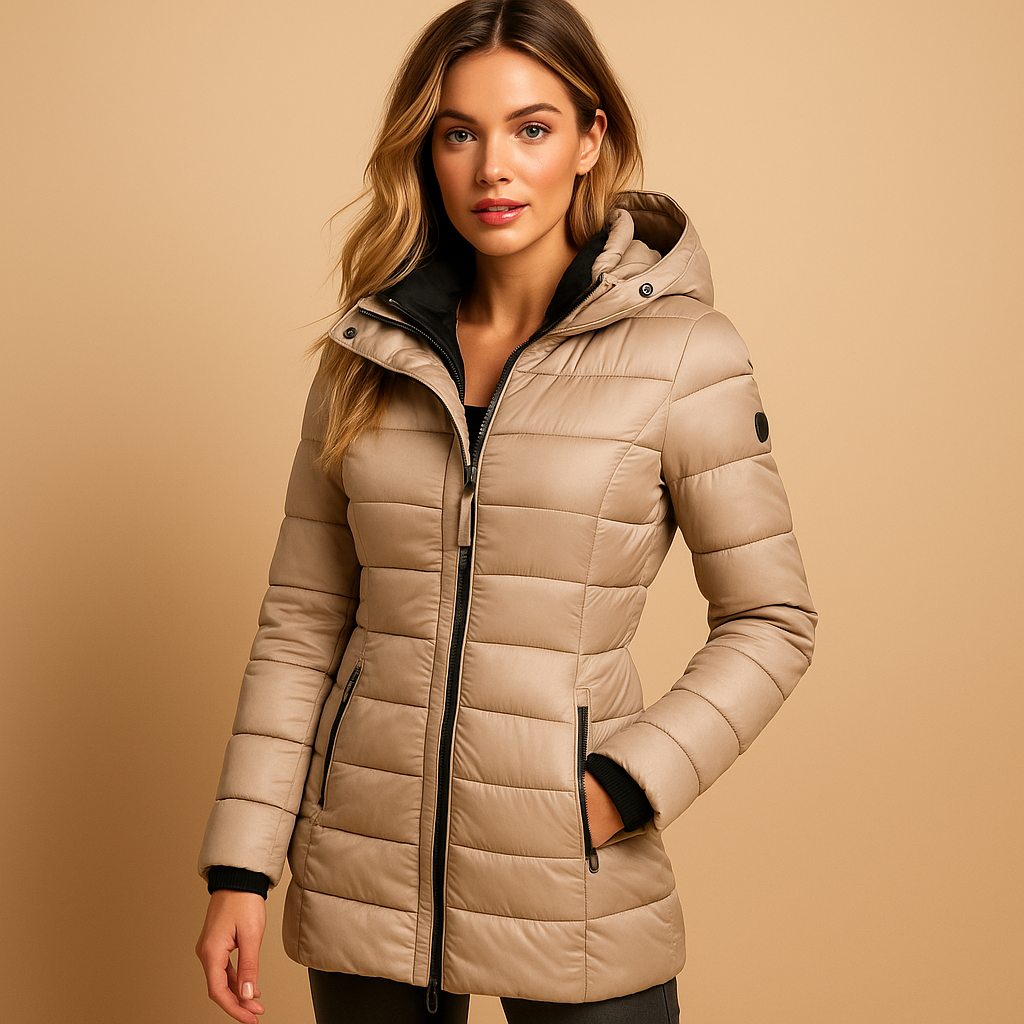 Lightweight down jacket, beige/khaki, zip-front with hood, quilted puffer