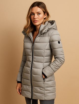 Lightweight down jacket, light gray, zip-front, hooded quilted puffer