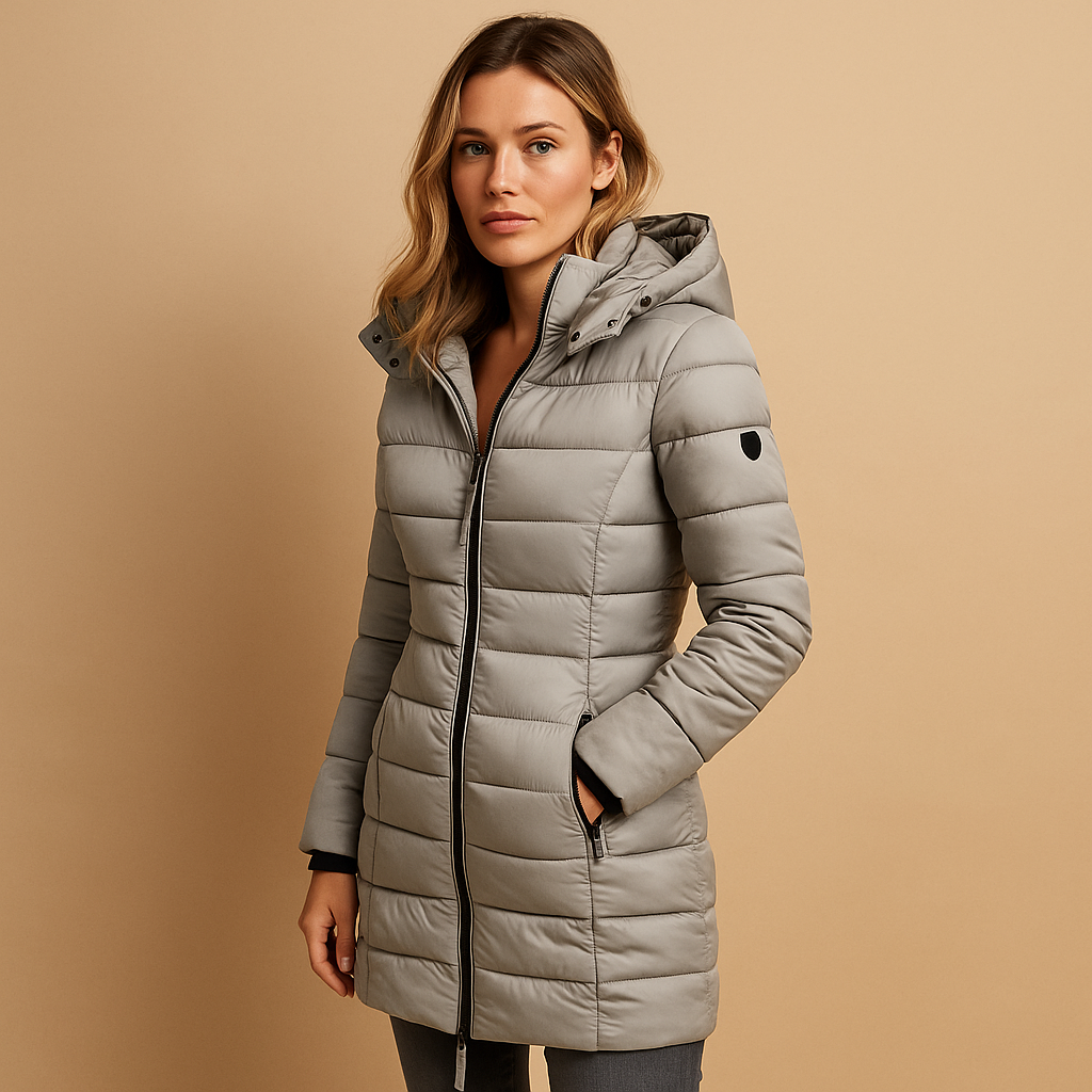 Lightweight down jacket, light gray, zip-front, hooded quilted puffer