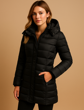 Lightweight down jacket, black, zip-front with hood, quilted insulation