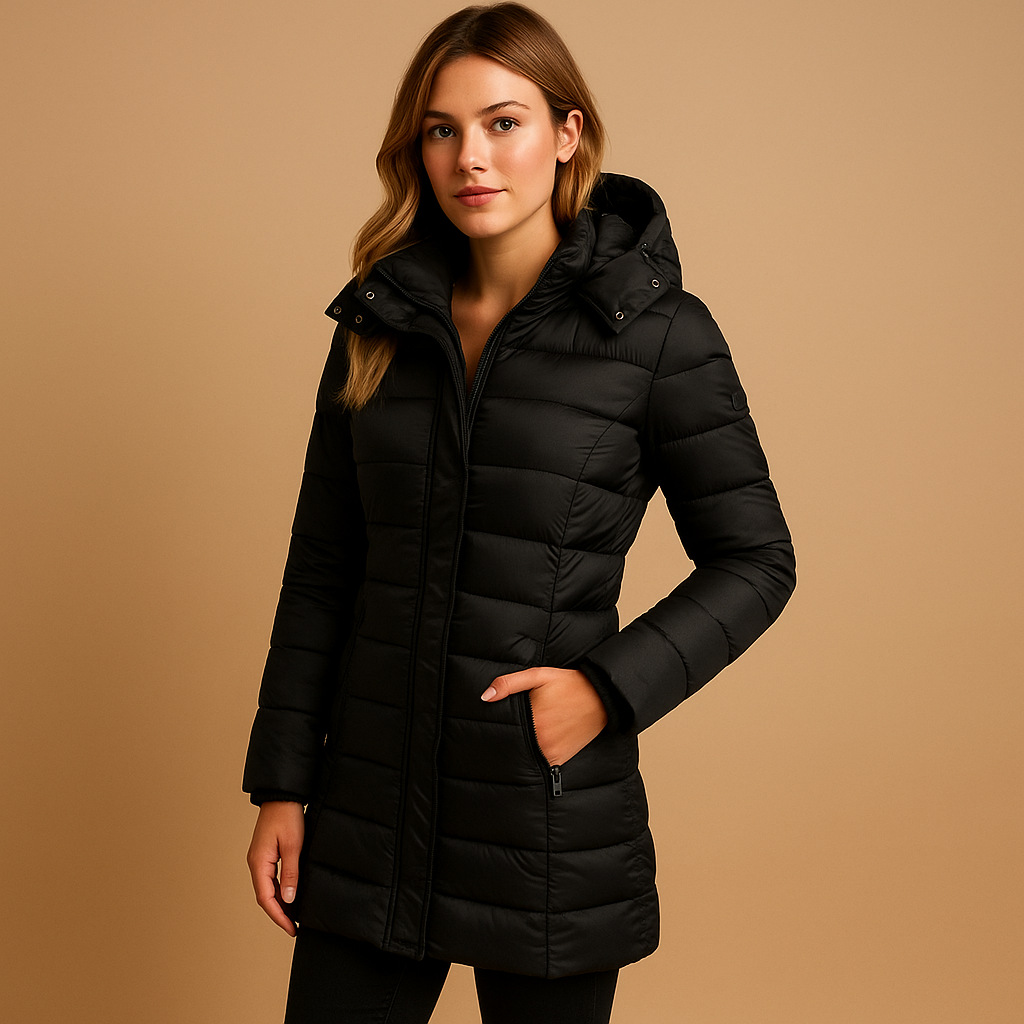 Lightweight down jacket, black, zip-front with hood, quilted insulation