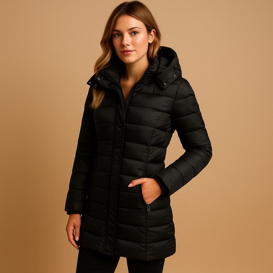Lightweight down jacket, black, zip-front with hood, quilted insulation