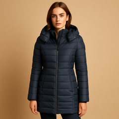 Lightweight down jacket, navy, full-zip with hood, quilted shell