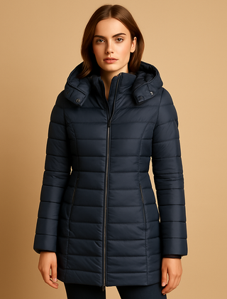 Lightweight down jacket, navy, full-zip with hood, quilted shell
