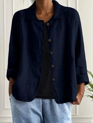 Navy everyday blouse with collar, button-front placket, and three-quarter sleeves