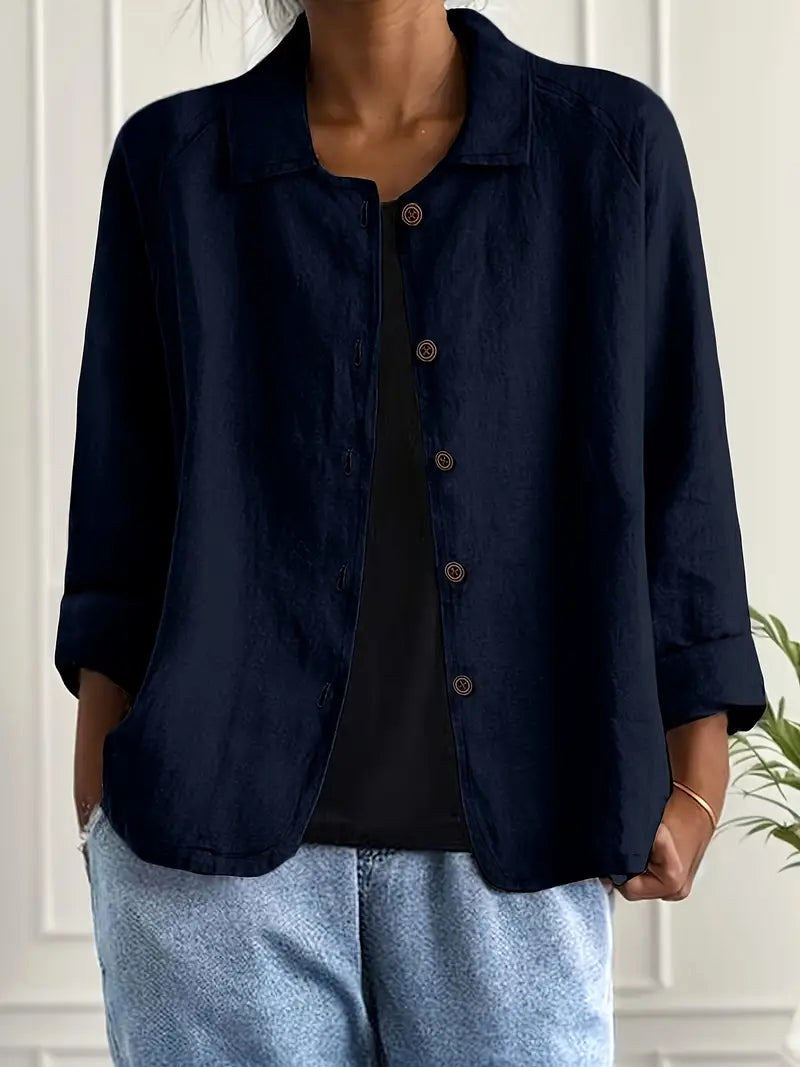 Navy everyday blouse with collar, button-front placket, and three-quarter sleeves