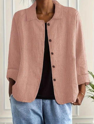 Clay pink button-front blouse with notch collar and 3/4 sleeves