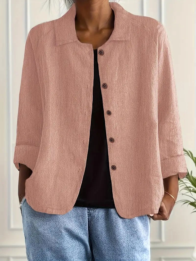Clay pink button-front blouse with notch collar and 3/4 sleeves