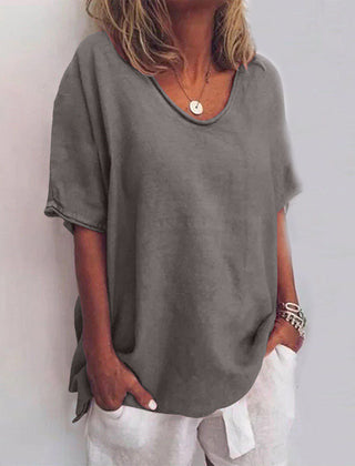 Loose fit scoop-neck top, dark gray short sleeves with draped side ties
