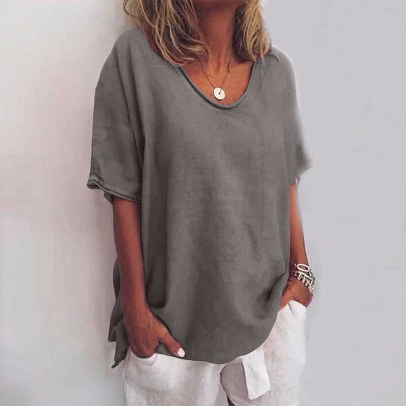 Loose fit scoop-neck top, dark gray short sleeves with draped side ties