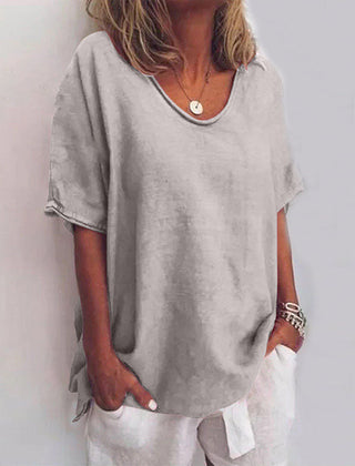 Loose fit scoop-neck top, light gray short sleeves with draped side ties