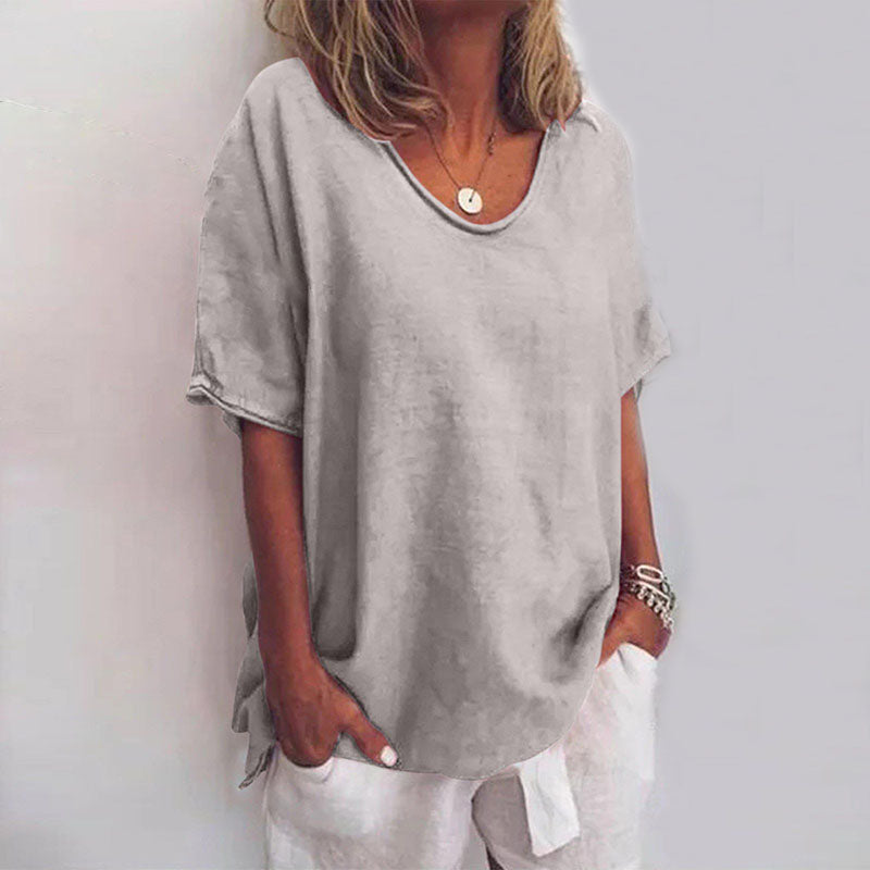 Loose fit scoop-neck top, light gray short sleeves with draped side ties