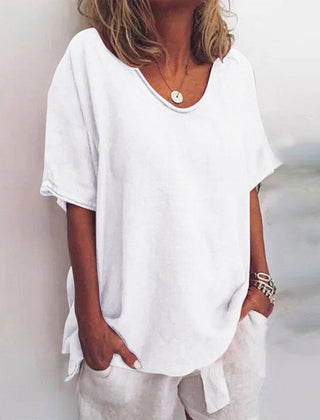 Loose fit scoop-neck top, white short sleeves with draped hem side ties