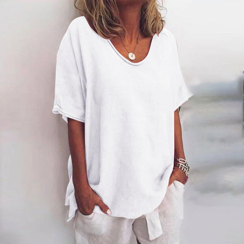 Loose fit scoop-neck top, white short sleeves with draped hem side ties