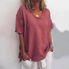 Loose fit scoop-neck top, burgundy short sleeves with draped side ties