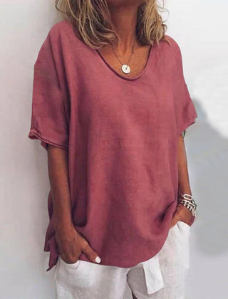 Loose fit scoop-neck top, burgundy short sleeves with draped side ties