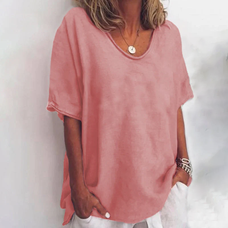 Loose fit scoop-neck top, dusty pink short sleeves with draped side ties