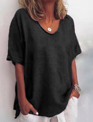 Loose fit scoop-neck top, black short sleeves with draped side ties
