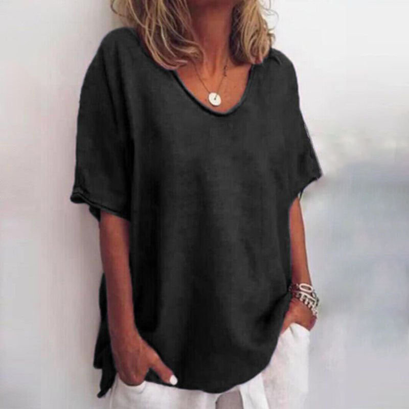 Loose fit scoop-neck top, black short sleeves with draped side ties